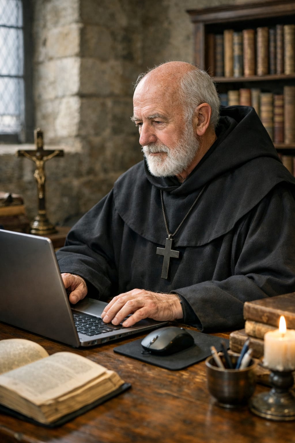 Monaco programmatore benedettino al computer che sviluppa app religiose con codice sacro