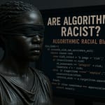 Statua della giustizia bendata con codice algoritmico – discriminazione nell'IA