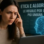Donna pensierosa accanto a un cervello digitale – etica dell'intelligenza artificiale