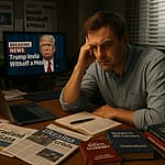 Uomo al computer con schermi di notizie – caos geopolitico e strategie globali 2025