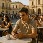 Persona che pratica indifferenza filosofica moderna davanti al telefono