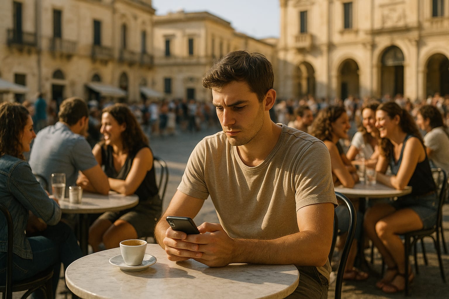 Persona che pratica indifferenza filosofica moderna davanti al telefono