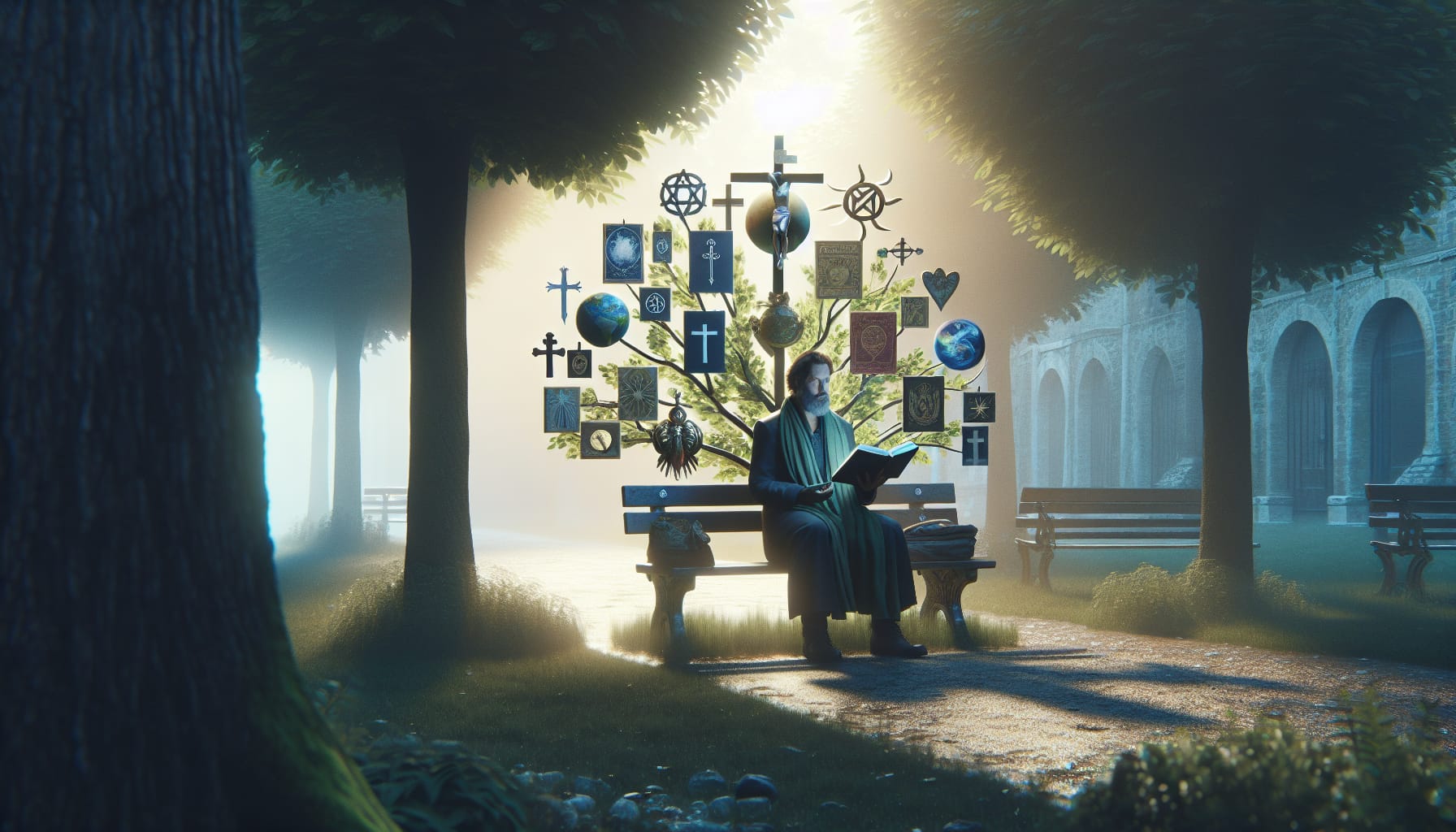 Spiritualità fai da te moderna con elementi religiosi diversi su scaffale supermercato