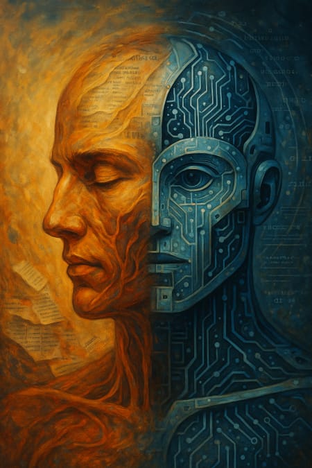 Intelligenza artificiale giornalismo - Robot che scrive notizie su computer con simboli di media e tecnologia