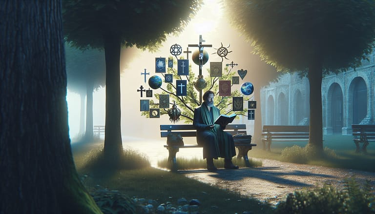 Spiritualità fai da te moderna con elementi religiosi diversi su scaffale supermercato