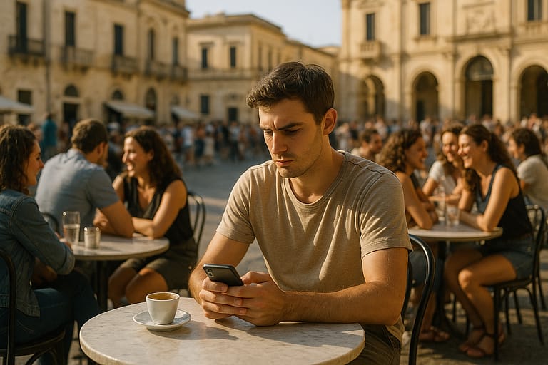 Persona che pratica indifferenza filosofica moderna davanti al telefono