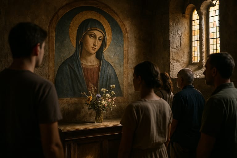 Affresco di arte medievale anonima con Madonna dagli occhi mandorlati, pieve toscana del Trecento